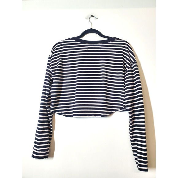 Free People Women’s Medium Black & White Striped Crop Top Long Sleeve Cotton - Picture 4 of 9